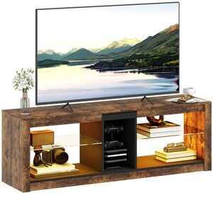 Imagine HOMCOM Mobilier TV cu lumină LED și telecomandă, rafturi și compartimente deschise, 140x35x47cm, maro | Aosom Romania