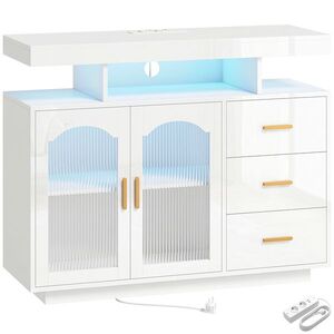 Imagine HOMCOM Bufet cu LED RGB în 7 culori Prize Porturi USB 3 Sertare Rafturi Deschise 2 Uși Alb Lucios 100x35x80 cm | Aosom Romania