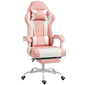 Imagine HOMCOM Scaun Gamer cu masaj lombar cu vibrații Reclinabil 155° Înălțime Reglabilă Tetieră și Suport Picioare Retractabil Roz | Aosom Romania