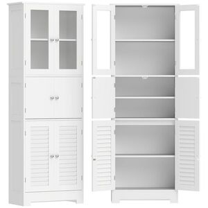 Imagine HOMCOM Dulap înalt pentru baie, mobilier de depozitare cu 6 uși dintre care 2 vitrate și 2 tip persiană, raft reglabil, alb | Aosom Romania
