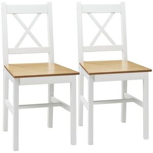 Imagine HOMCOM Set de 2 scaune de sufragerie din lemn masiv scaun de bucătărie stil rustic spătar încrucișat alb și stejar | Aosom Romania