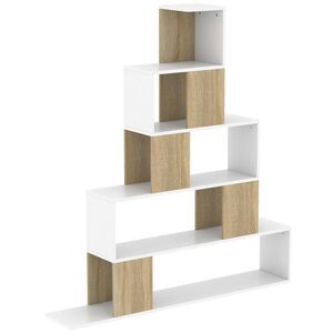 Imagine HOMCOM Bibliotecă cu 5 Rafturi Tip Trepte, Alb și Lemn Natural | Aosom Romania