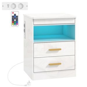 Imagine HOMCOM Noptieră modernă, masă laterală cu stație de încărcare și iluminare LED RGB, alb lucios | Aosom Romania