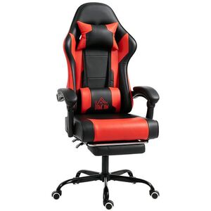 Imagine HOMCOM Scaun Gamer cu Masaj Lombar Vibrații Reclinabil 155° Înălțime Reglabilă Tetiere și Suport pentru Picioare Retractabil Roșu | Aosom Romania