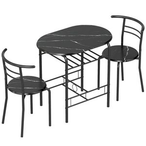Imagine HOMCOM Set de luat masa 3 piese, masă de bucătărie și scaune pentru 2 persoane cu raft, living, aspect marmorat negru | Aosom Romania