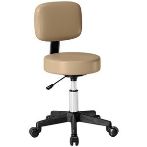 Imagine HOMCOM Taburet cu roți reglabil pe înălțime cu spătar 72-84 cm, 360° rotativ, scaun de lucru pentru birou, salon, maro deschis | Aosom Romania