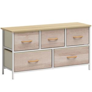 Imagine HOMCOM Comodă cu 5 Sertare din Material Textil Comodă pentru Dormitor Cadru Metalic Comodă pentru Living Birou Natural și Alb | Aosom Romania