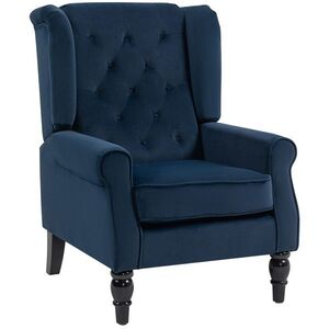 Imagine HOMCOM Fotoliu de living capitonat cu șezut lat, picioare din lemn, stil clasic, confort sporit, 74x86x102cm, albastru închis | Aosom Romania