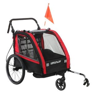 Imagine AIYAPLAY Remorcă bicicletă copii 2 în 1, cărucior bicicletă pentru bebeluși 2 locuri, ghidon reglabil, frână de mână, centură de siguranță, roșu | Aosom Romania