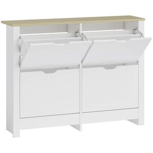 Imagine HOMCOM Dulap pentru pantofi îngust cu 4 compartimente rabatabile pentru 8–16 perechi de pantofi, 105 x 26 x 80 cm, Alb+Natural | Aosom Romania