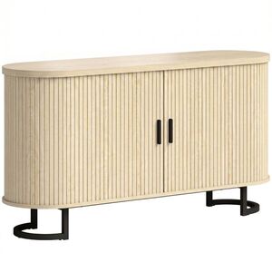 Imagine HOMCOM Bufet living, mobilier de depozitare oval cu 2 uși glisante și polițe reglabile, 140x40x75cm, lemn natural | Aosom Romania