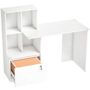 Imagine HOMCOM Birou de calculator cu bibliotecă 4 compartimente și sertar încuiabil, 126 x 50 x 109 cm, aspect lemn alb | Aosom Romania