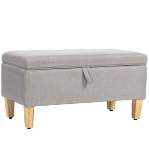Imagine HOMCOM Banc de depozitare, capăt de pat, suport pentru picioare căptușit cu aspect de in cu picioare din lemn de cauciuc, 71x37x36cm, gri deschis | Aosom Romania