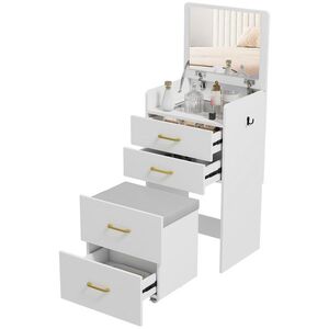 Imagine HOMCOM Coasă cu oglindă și taburet 3 în 1, 3 sertare și placă de sticlă vizibilă, pernă tapitată, 48 x 40 x 90 cm, alb | Aosom Romania