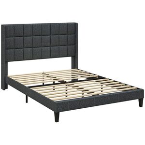 Imagine HOMCOM Pat 135x190 cm tapițat cu depozitare inferioară și tăblie capitonată cu urechi, gri | Aosom Romania