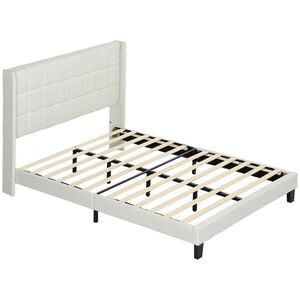 Imagine HOMCOM Pat 135x190 cm tapițat cu depozitare inferioară și tăblie căptușită cu urechi, bej | Aosom Romania