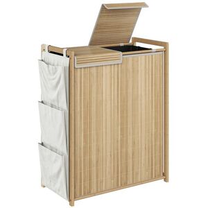 Imagine HOMCOM Coș de rufe din bambus cu capac 120 L cu 2 pungi cu șnur detașabile și lavabile buzunare laterale natural | Aosom Romania