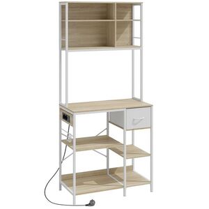 Imagine HOMCOM Etajeră de Bucătărie Suport pentru Cuptor cu Microunde cu Rafturi și 6 Cârlige pentru Spații Reduse 80x40x181 cm Stejar | Aosom Romania