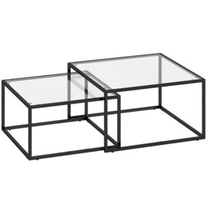 Imagine HOMCOM 2 Mese de Cafea Pătrate Mese Nido Moderne cu Blat din Sticlă Securizată și Structură Metalică 75x75x42 cm Negru | Aosom Romania