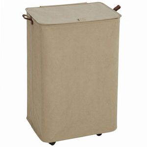 Imagine HOMCOM Coș de Rufe cu Capac și Roți 50L Coș pliabil cu Sac cu Cordon Detașabil 40x30x65 cm Camel | Aosom Romania