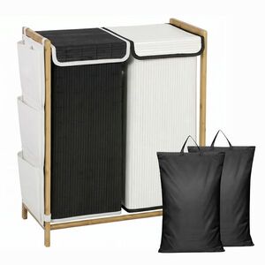 Imagine HOMCOM Coș de Rufe 2 Compartimente 120L cu Capace, Buzunare Laterale, Saci Detașabili pentru Dormitor | Aosom Romania