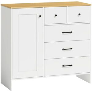 Imagine HOMCOM Bufet Bucătărie, Mobilier de depozitare cu 5 sertare și ușă, Stil rustic, 100 x 40 x 94 cm, Alb | Aosom Romania
