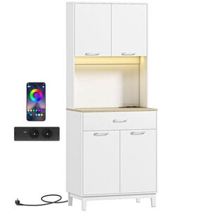 Imagine HOMCOM Dulap de bucătărie cu lumini LED Stație de încărcare 4 uși Sertar Blat deschis 71x40x180 cm Alb | Aosom Romania