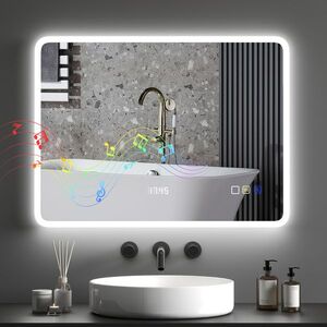 Imagine HOMCOM Oglindă de Baie cu Lumină LED 80x60 cm cu Bluetooth 3 Culori de Lumină Funcție Antiabur Funcție de Memorie IP44 | Aosom Romania