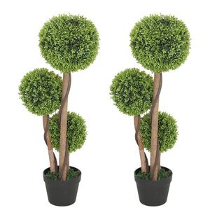 Imagine HOMCOM Set 2 Plante Artificiale de Buxus cu 3 Sfere, cu Ghiveci și Fund Întărit, Înălțime 90 cm, pentru Interior și Exterior | Aosom Romania