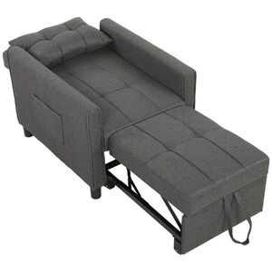 Imagine HOMCOM Fotoliu Pat Single 3 în 1 din Material Textil Tip In și Lemn cu Spătar Reclinabil, Pernă, Buzunare, Gri | Aosom Romania