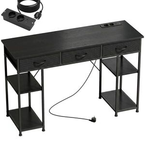 Imagine HOMCOM Birou cu spațiu de depozitare cu prize electrice, 3 sertare din material textil și 4 polițe de depozitare, 120 x 40 x 76 cm, negru | Aosom Romania