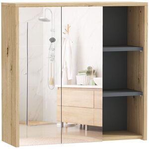 Imagine HOMCOM Dulap de Baie cu Oglindă și 2 Uși, 60x20x60 cm, Compartiment Deschis, Natur | Aosom Romania