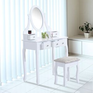 Imagine HomCom Tavolo da Trucco Mobile da Toletta Specchiera con Sgabello Specchio Girevole in Legno Bianco