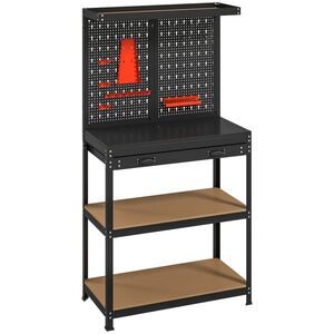 Imagine HOMCOM Banc de lucru cu panou perforat pentru scule, 2 rafturi și sertar, din oțel și lemn, 80x40, 5x155 cm, negru | Aosom Romania