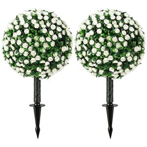 Imagine HOMCOM Sfere de trandafiri artificiale rezistente la UV pentru exterior, set de 2 topiary-uri, 55 cm, Alb | Aosom Romania