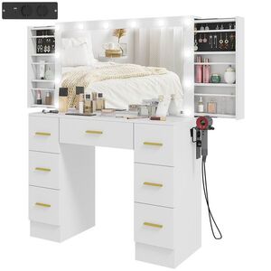 Imagine HOMCOM Tocator cu oglinda si 12 lumini LED, Tocatoare cu 7 sertare, 6 rafturi ascunse, PAL, Alb | Aosom Romania