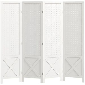 Imagine HOMCOM Paravan interior din lemn 4 panouri separator de cameră pliabil panou perforat 152 x 1, 7 x 144, 5 cm alb | Aosom Romania