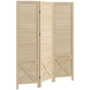 Imagine HOMCOM Paravan interior din lemn 3 panouri separator de cameră pliabil panou perforat 114 x 1, 7 x 144, 5 cm lemn natural | Aosom Romania