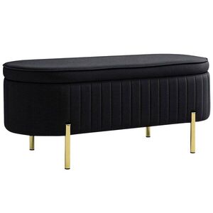 Imagine HOMCOM Bancă de Depozitare Ovală 72L cu Capac Rabatabil, din Catifea și Lemn, 108 x 44 x 43, 5 cm, Negru | Aosom Romania
