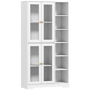 Imagine HOMCOM Bufet înalt pentru bucătărie, vitrină bufet cu 4 uși cu închidere silențioasă din sticlă securizată, 90x35x172cm, alb | Aosom Romania
