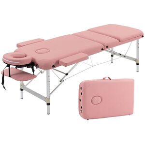 Imagine HOMCOM Masă de masaj pliabilă din aluminiu cu înălțime reglabilă, 3 zone, pernă pentru cap detașabilă, geantă de transport, roz | Aosom Romania
