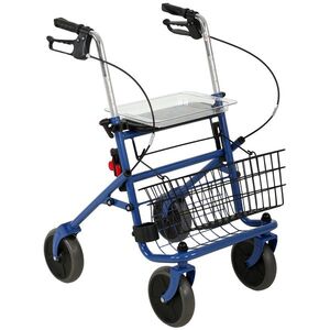 Imagine HOMCOM Cadru de mers pliabil pentru persoane în vârstă cu șezut 4 roți Înălțime reglabilă Frâne cu manetă Coș Tavă Suport pentru baston Albastru | Aosom Romania