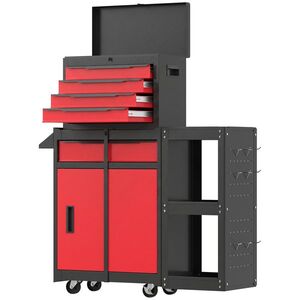 Imagine HOMCOM Carucior pentru scule pe roți 3 în 1 cu 5 sertare și dulap inferior panouri perforate și încuietoare Negru și Roșu | Aosom Romania