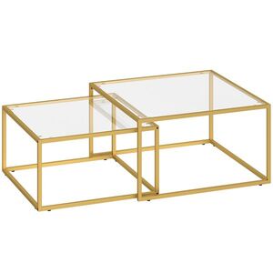 Imagine HOMCOM 2 mese de cafea pătrate mese nido moderne cu blat din sticlă securizată și structură metalică 75x75x42 cm Auriu | Aosom Romania