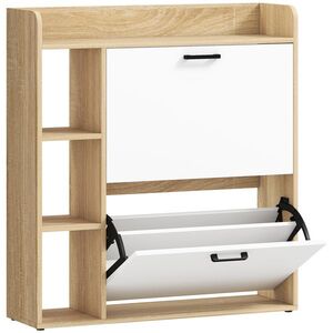 Imagine HOMCOM Dulap Slim pentru Pantofi cu 2 Sertare Rabatabile și 3 Compartimente, Capacitate 15 Perechi, 83x24x90, 5 cm, Lemn și Alb | Aosom Romania