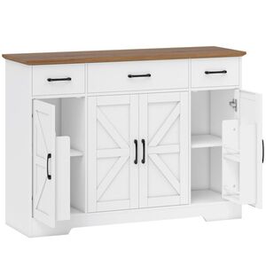 Imagine HOMCOM Bufet Bucătărie Rustic, Bufet cu Uși Soft-Close, 3 Sertare, 3 Rafturi Reglabile, Portaspecii, PAL, MDF, Alb | Aosom Romania