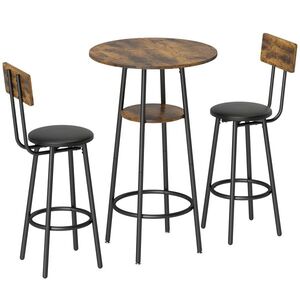 Imagine HOMCOM Set masă înaltă industrial cu 2 taburete tapițate, suporturi pentru picioare, cadru metalic, masă de bucătărie cu raft, Maro rustic | Aosom Romania