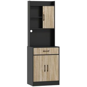 Imagine HOMCOM Dulap de bucătărie cu blat de lucru și orificiu pentru cablu, comodă modernă pentru bucătărie cu sertar, 3 rafturi deschise, lemn natural, Negru | Aosom Romania