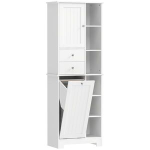 Imagine HOMCOM Dulap de baie înalt de 171 cm, dulap îngust cu coș de rufe extensibil, 2 sertare, Alb | Aosom Romania