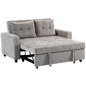 Imagine HOMCOM Canapea-pat 2 locuri, tapițerie din cord, se transformă în canapea extensibilă, 2 perne, buzunare laterale, 157 x 190 cm, Gri deschis | Aosom Romania